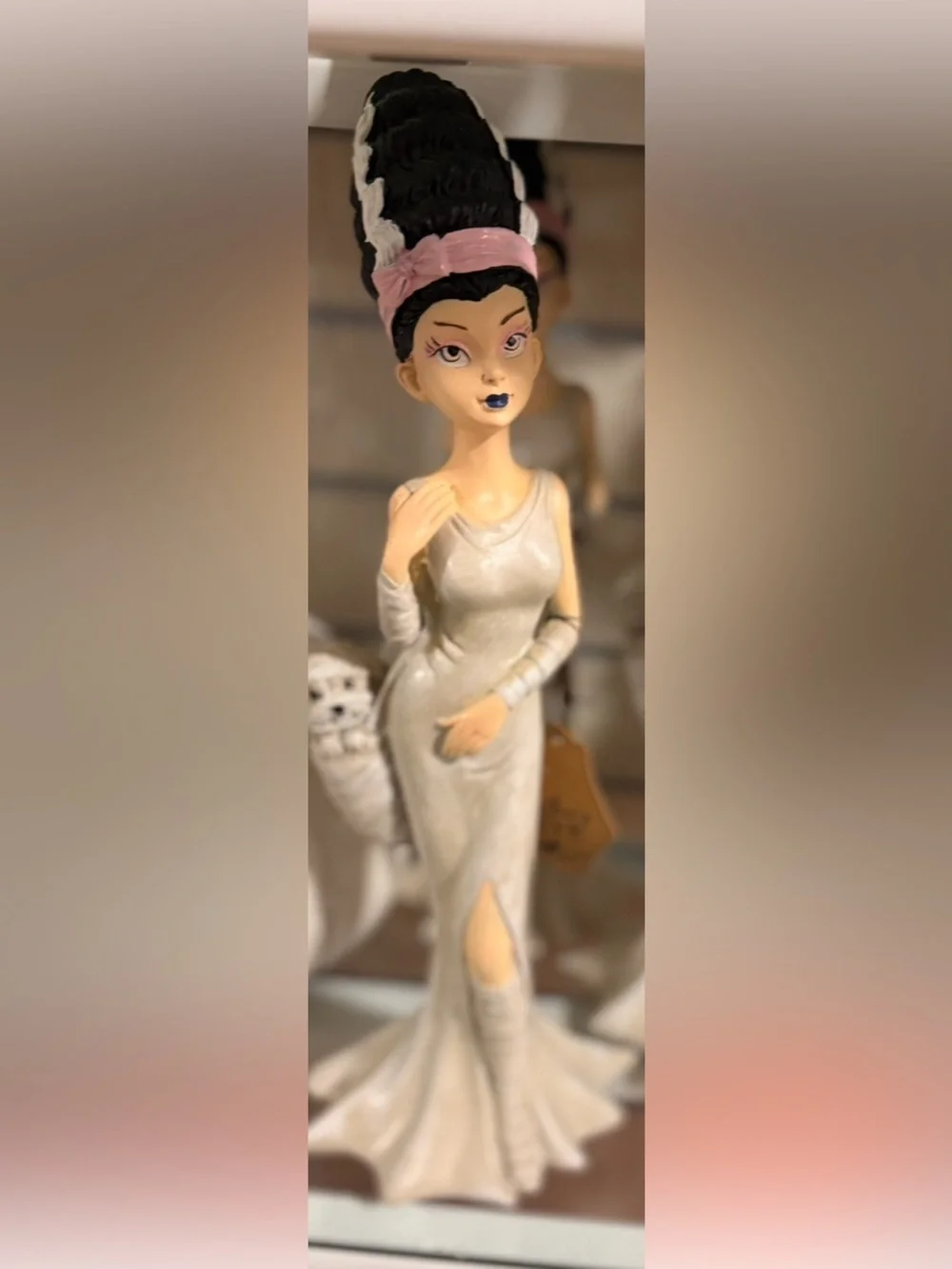 Elegant bride of Frankenstein Figurine in Cream and Black with Pink Headband